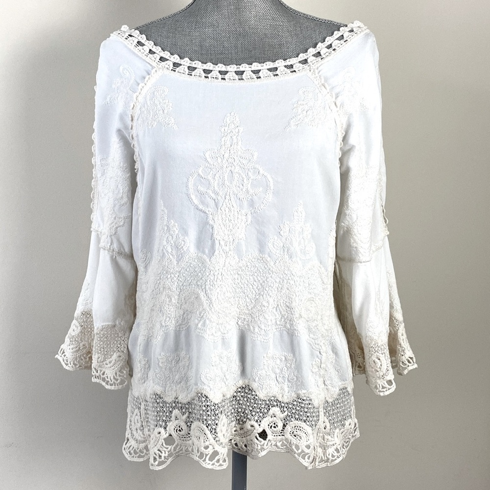 Romantic Gypsy Boho Crochet Embroidered Bell Sleeves Blouse Cream Size Small